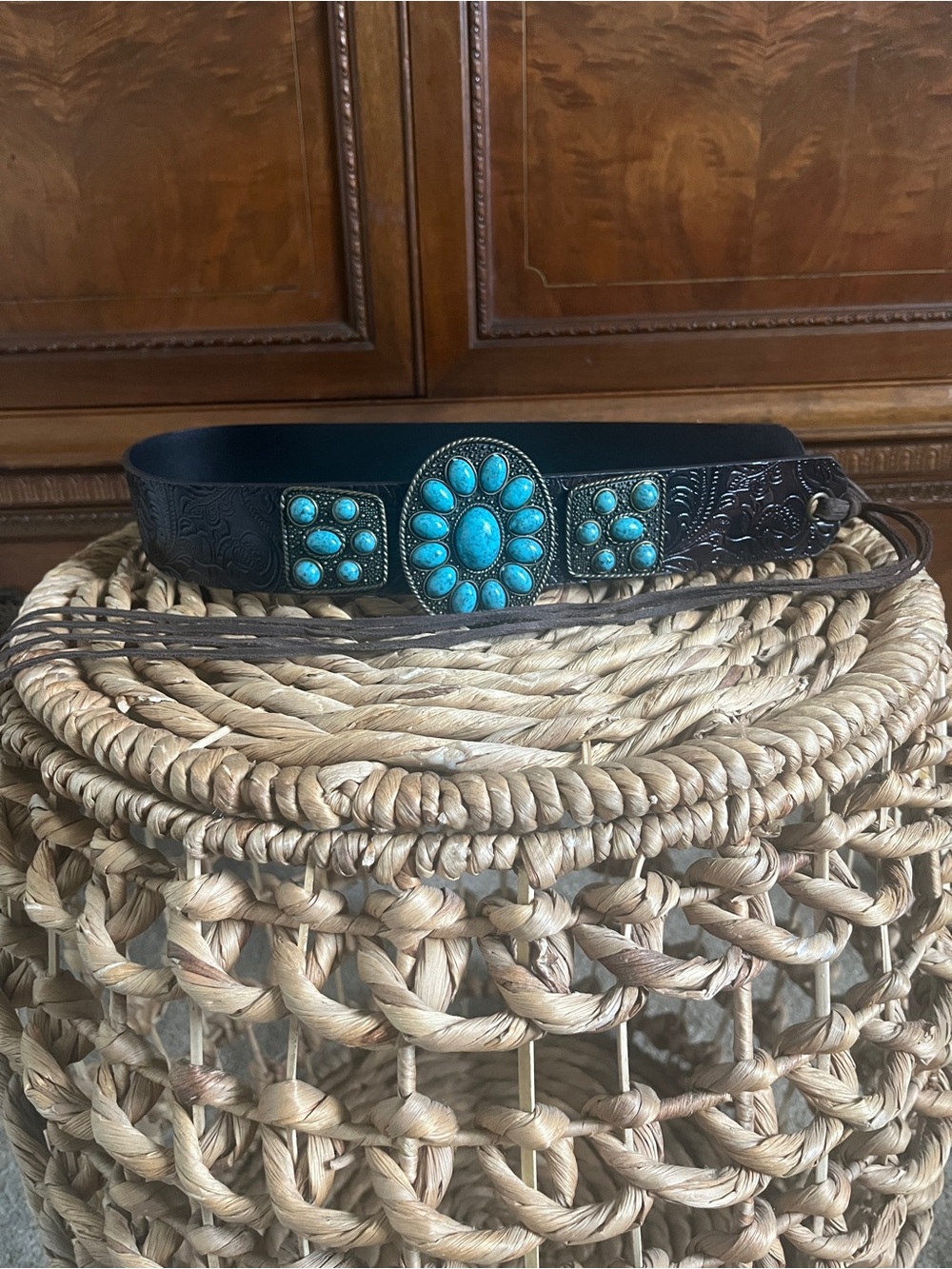 Black Leather Western Belt with Turquoise Concho Accents